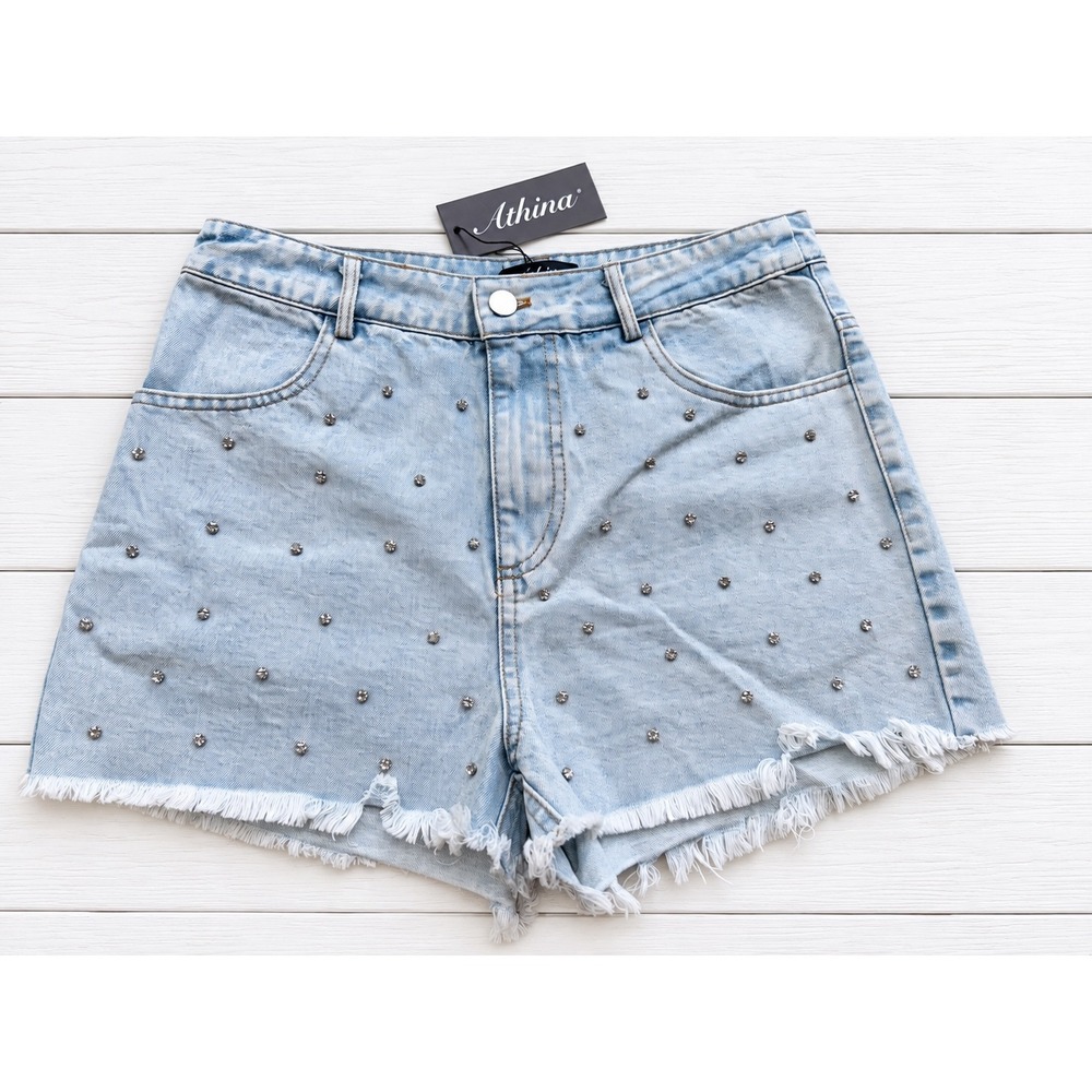 Athina Denim Shorts Rhinestone Studded Frayed Hem Light Wash Boho Festival M NWT